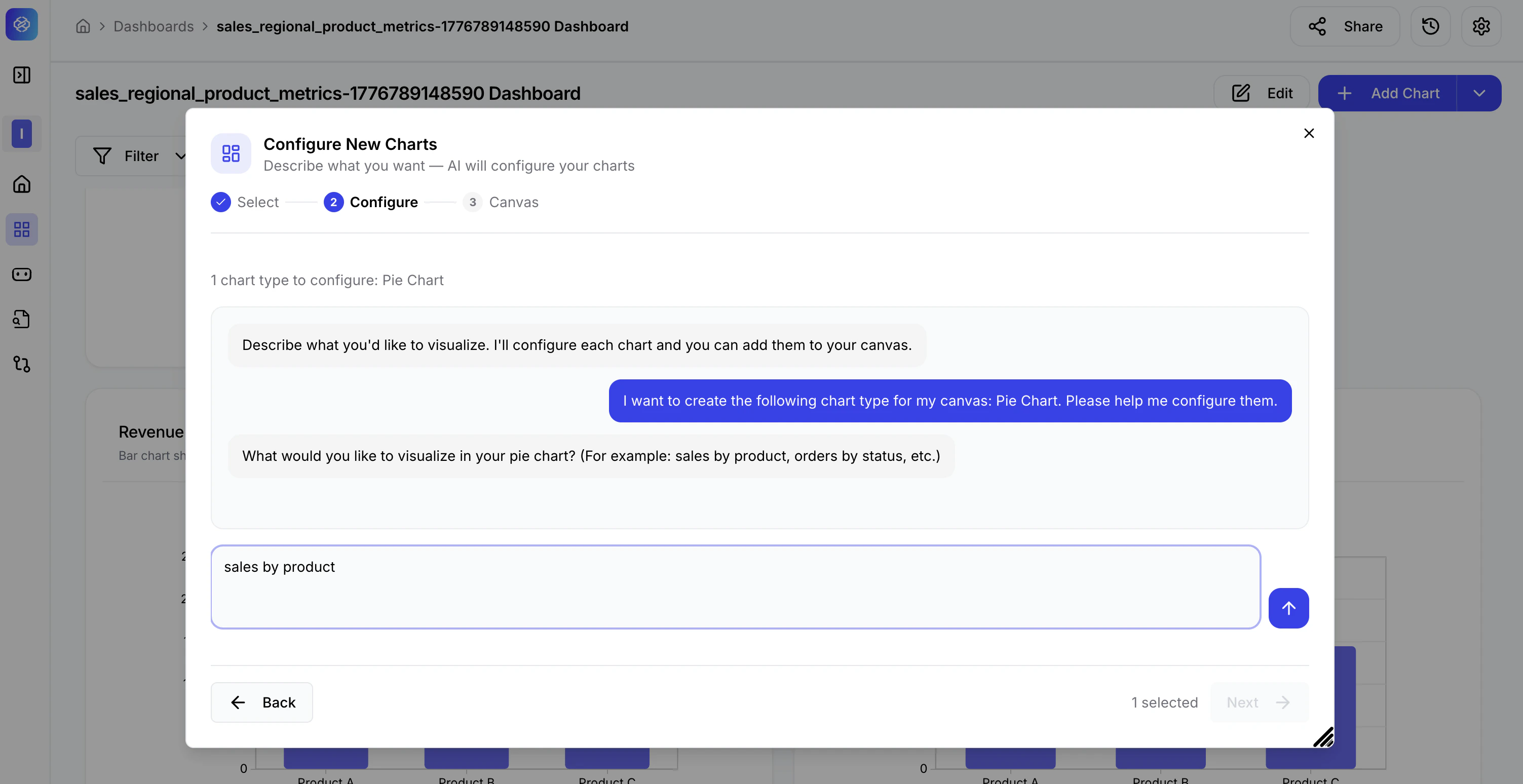 Configure New Charts step showing the AI chat interface with a user typing 'sales by product' to describe the Pie Chart to create.