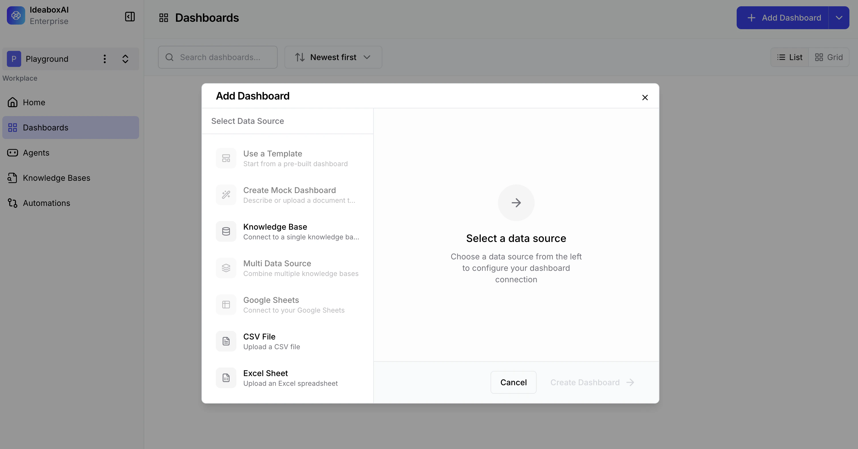 Connect data source selection modal showing Mock Dashboard, Google Sheets, CSV/Excel, and Knowledge Base options.