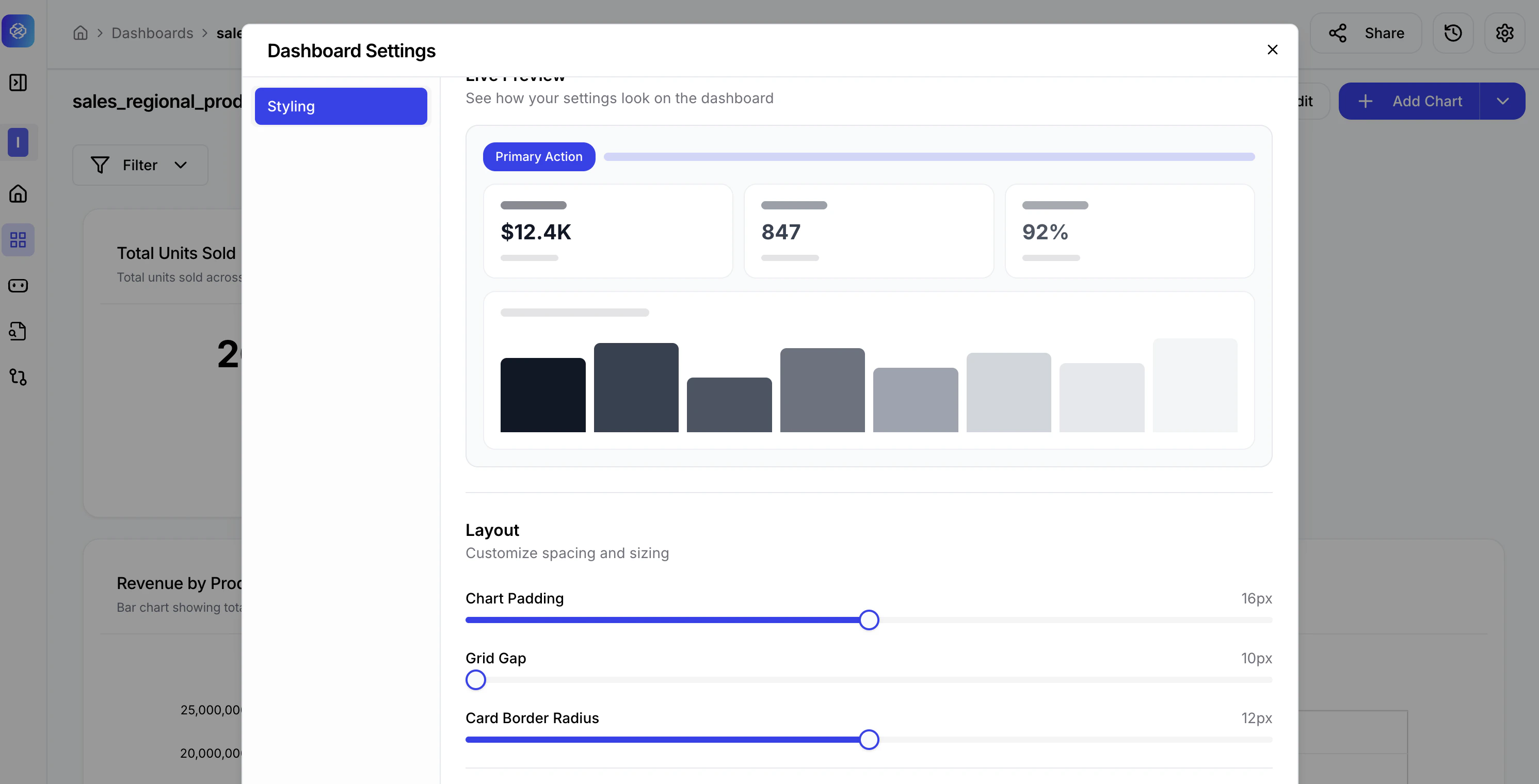 Dashboard Settings showing Layout sliders for Chart Padding, Grid Gap, and Card Border Radius with Live Preview.
