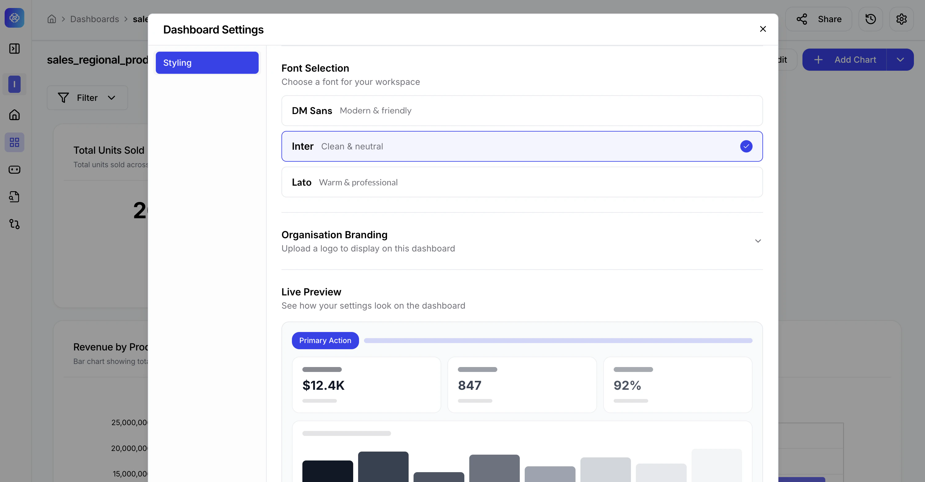 Dashboard Settings showing Font Selection with DM Sans, Inter, and Lato options, and Organisation Branding upload.