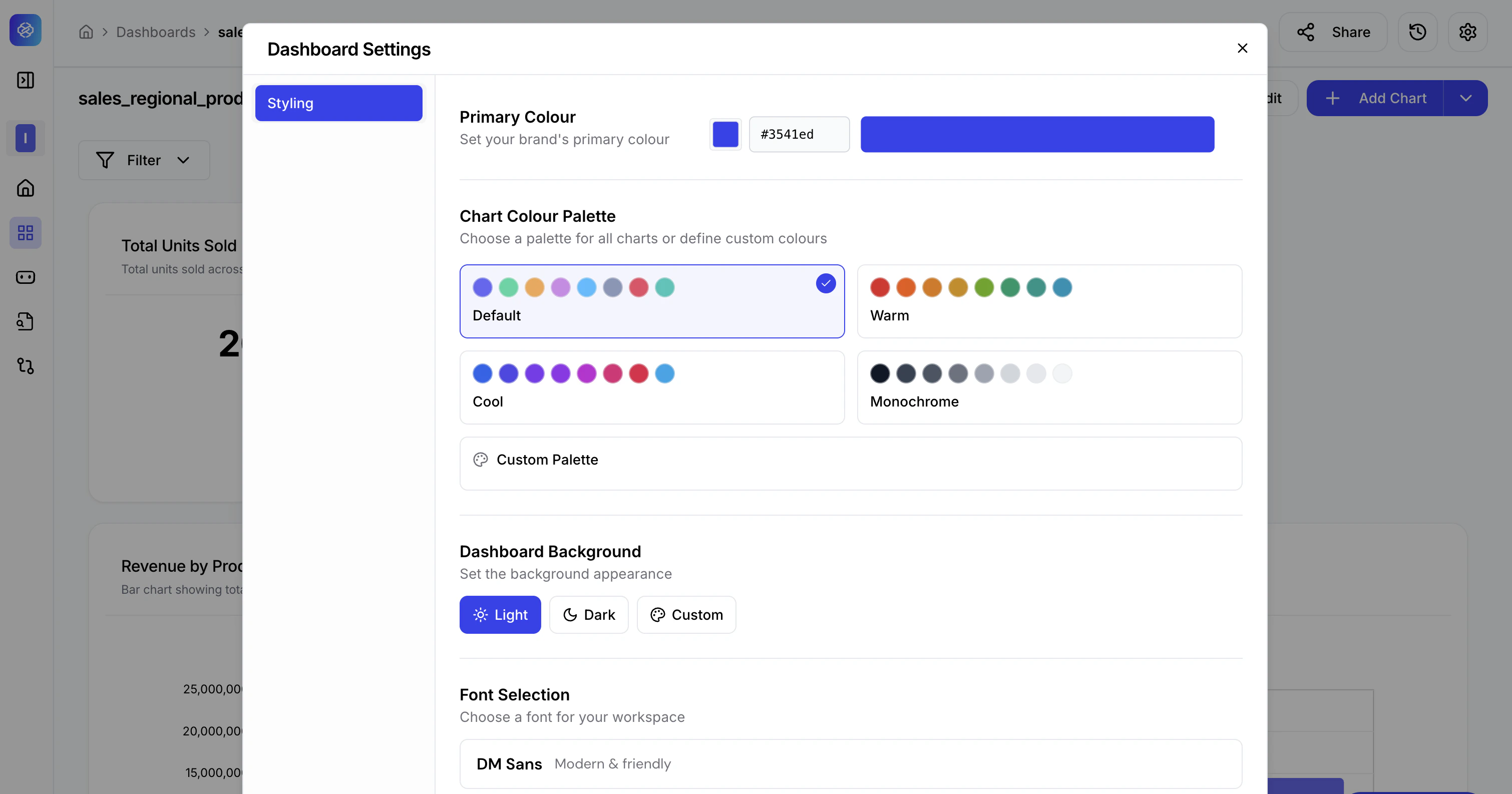 Dashboard Settings showing Primary Colour picker, Chart Colour Palette options, and Dashboard Background toggle.