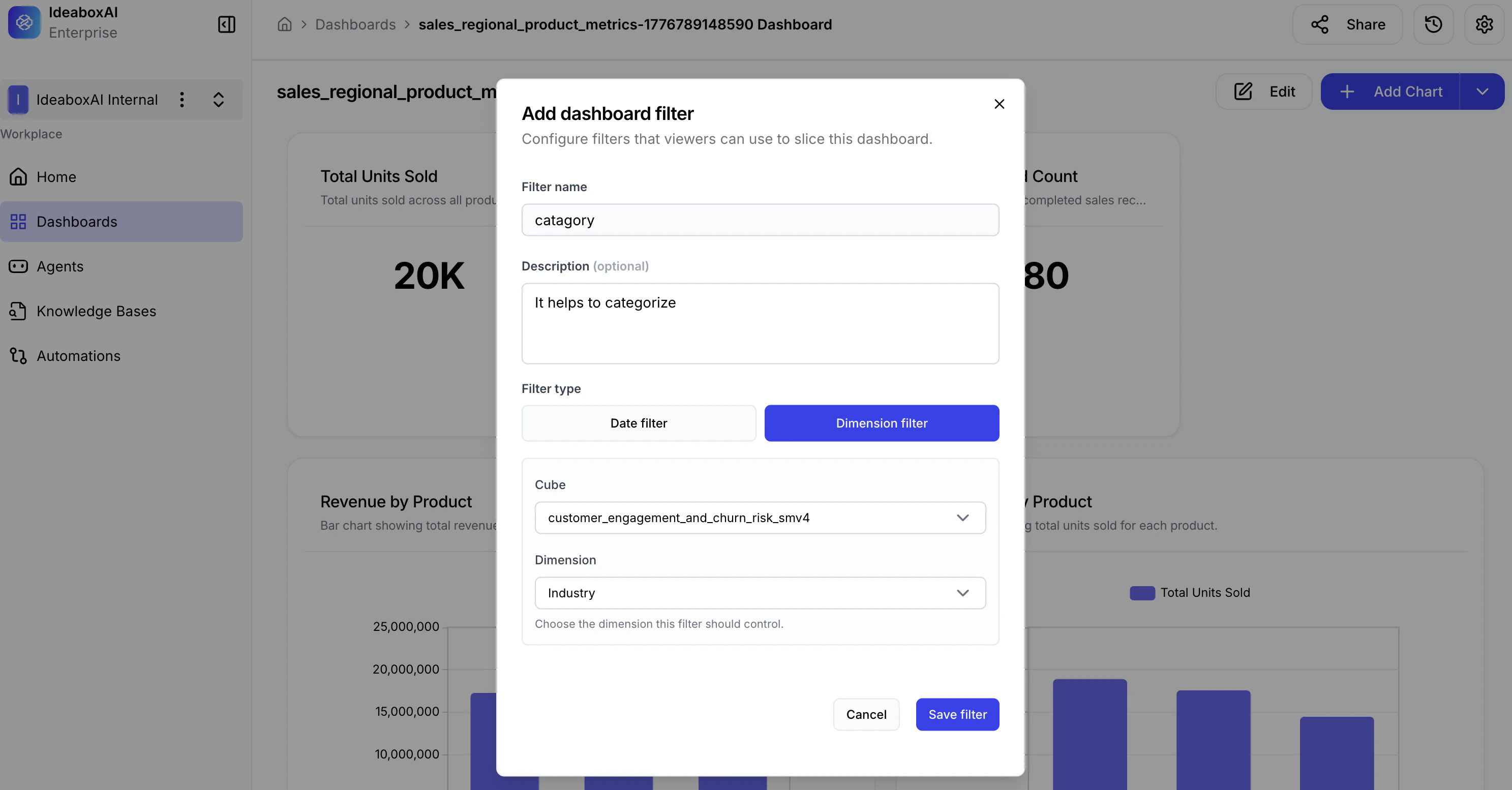 Add dashboard filter modal showing filter configuration with name, description, and type selection.