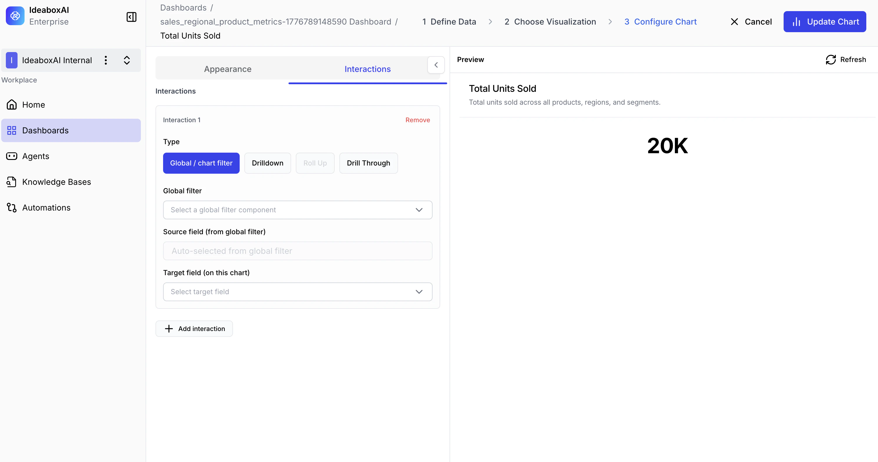 Cube and dimension selection showing data source dropdown and dimension selection interface.