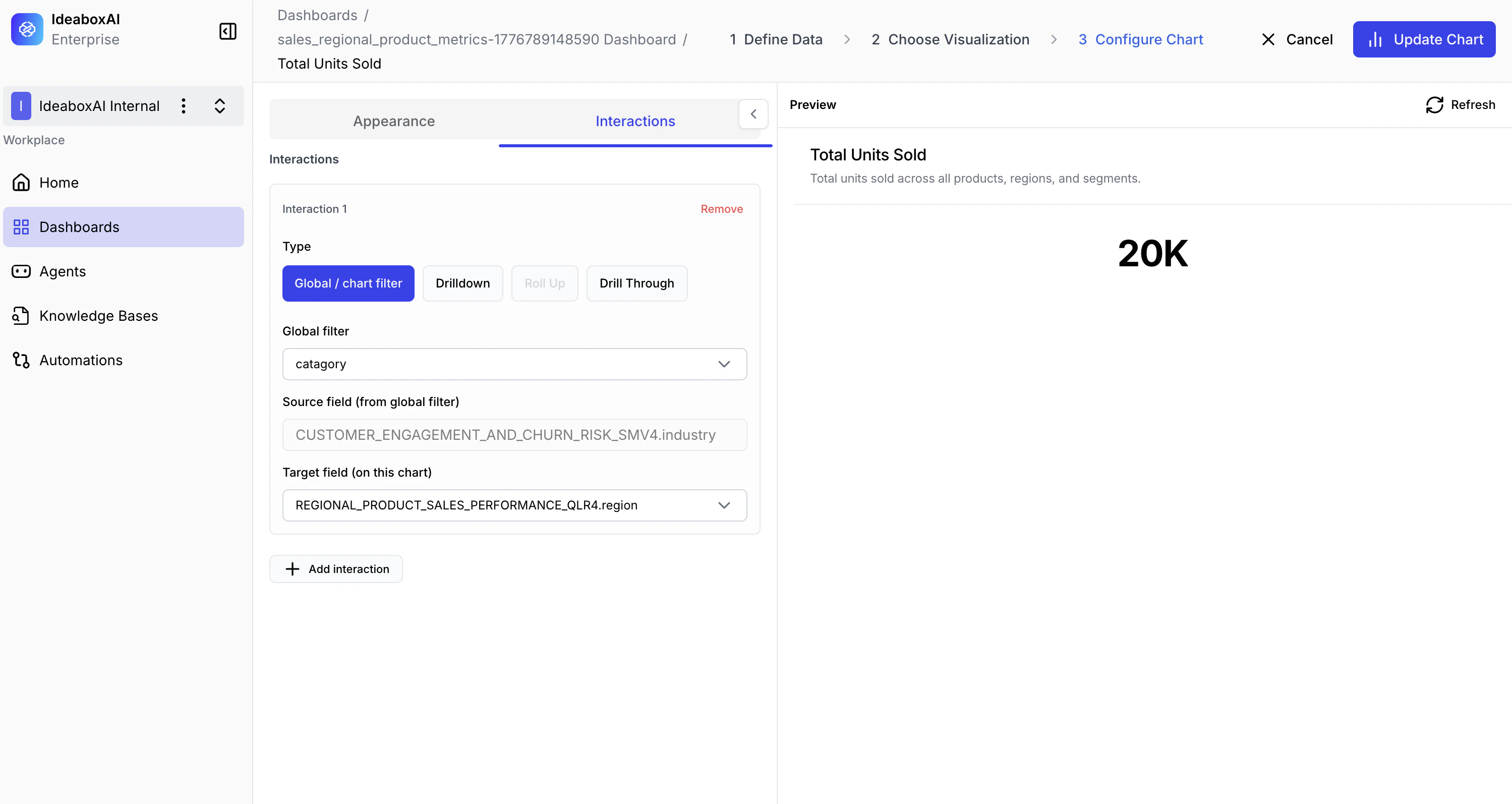 Dashboard view showing active filter with collapsed/expanded toggle and filter name.