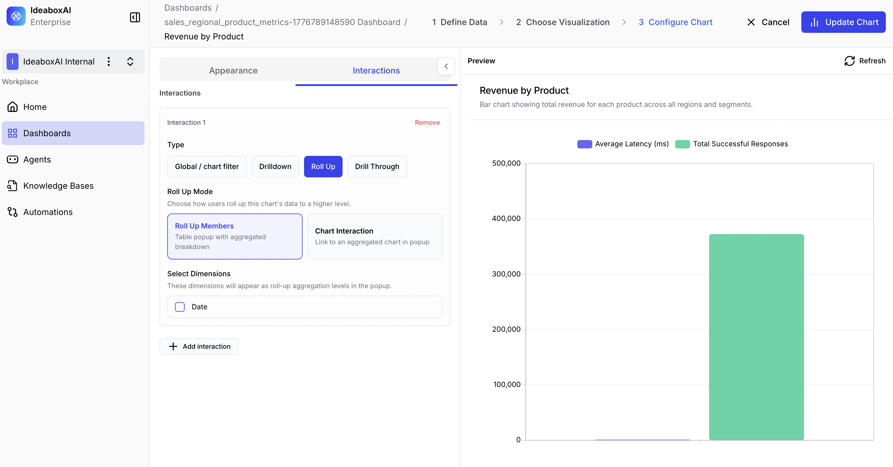 Roll Up interaction configuration showing roll-up members and target chart options.