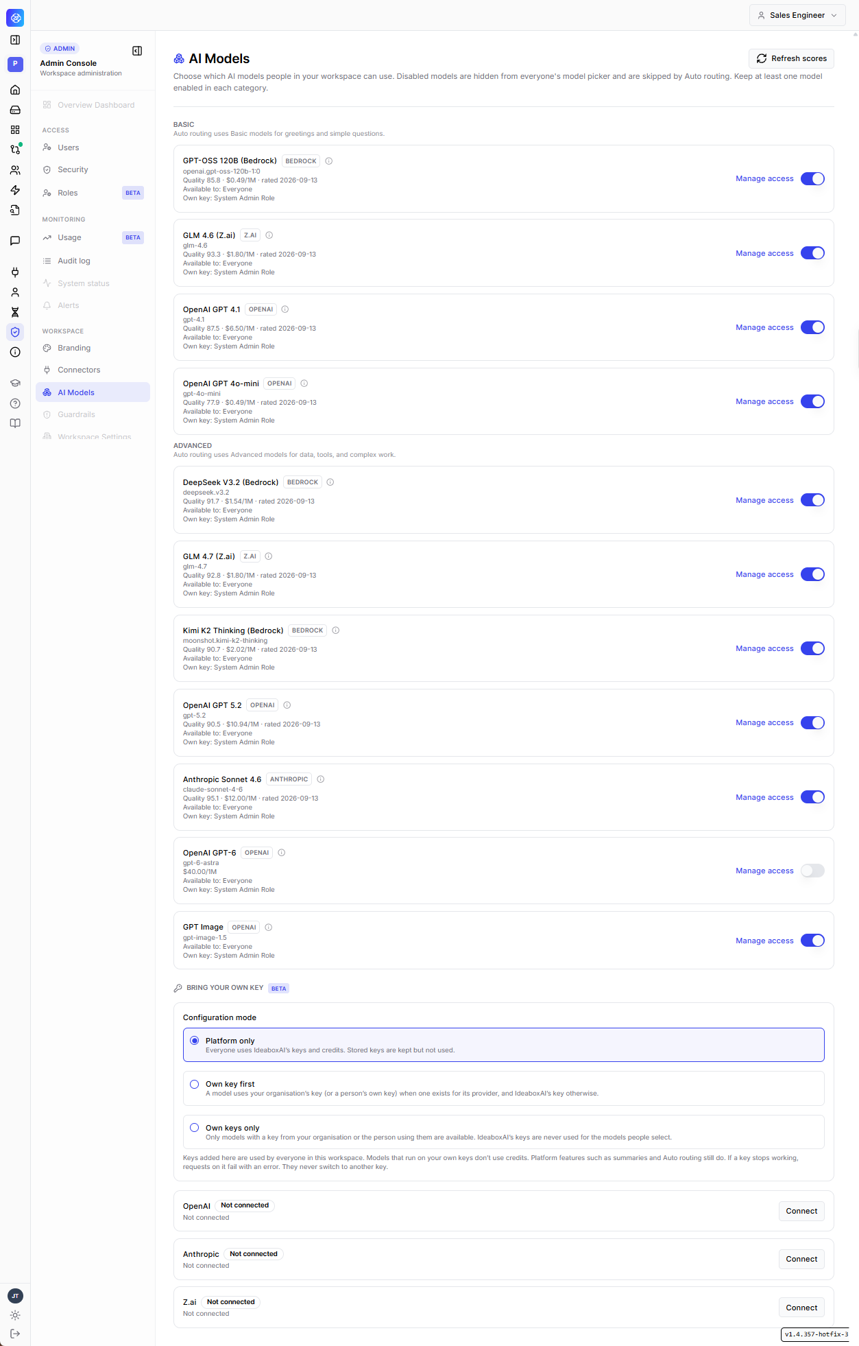 AI Models page in Admin Console showing Basic and Advanced model categories with quality scores, pricing, and access toggles, and a Bring Your Own Key section below with configuration mode options and provider connections.