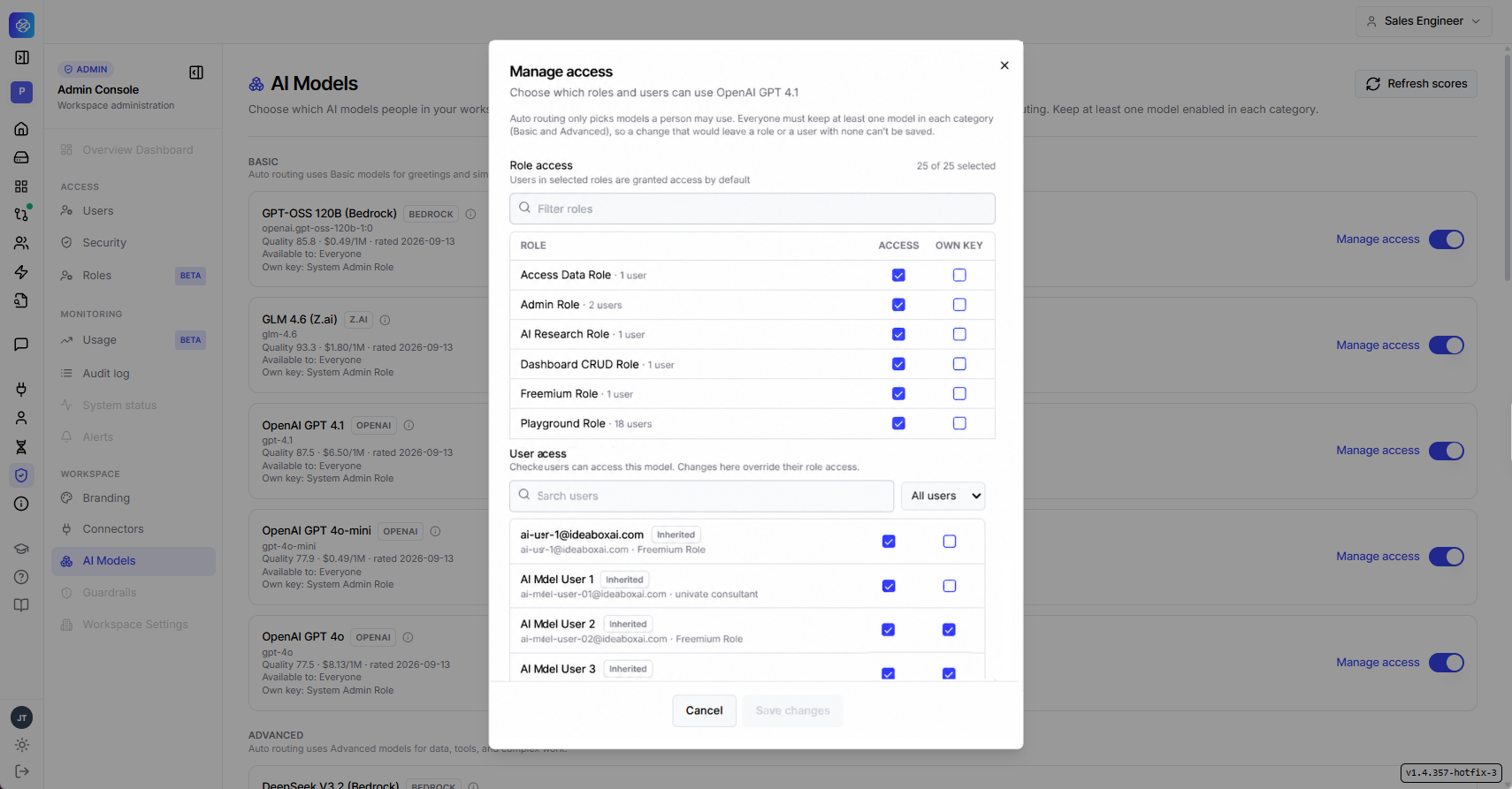 Manage access modal for a model, showing a role access table with Access and Own Key checkboxes per role, and a user access table below it that overrides role-level access, with an Inherited badge shown on users whose access comes from their role.