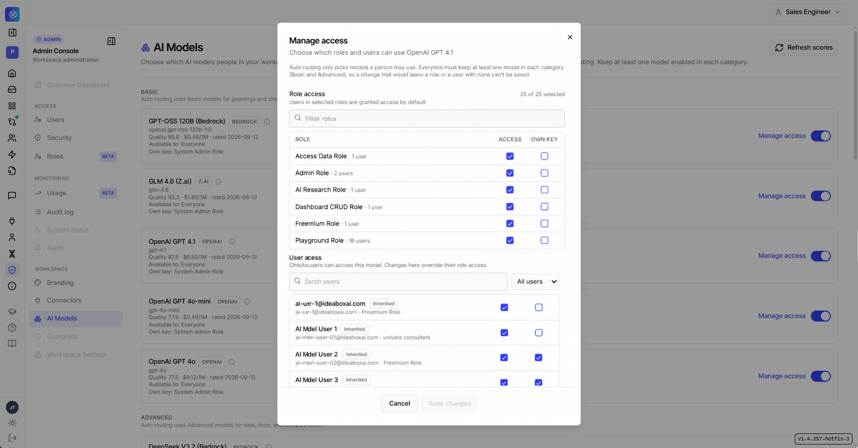 Manage access modal for a model, showing a role access table with Access and Own Key checkboxes per role, and a user access table below it that overrides role-level access, with an Inherited badge shown on users whose access comes from their role.