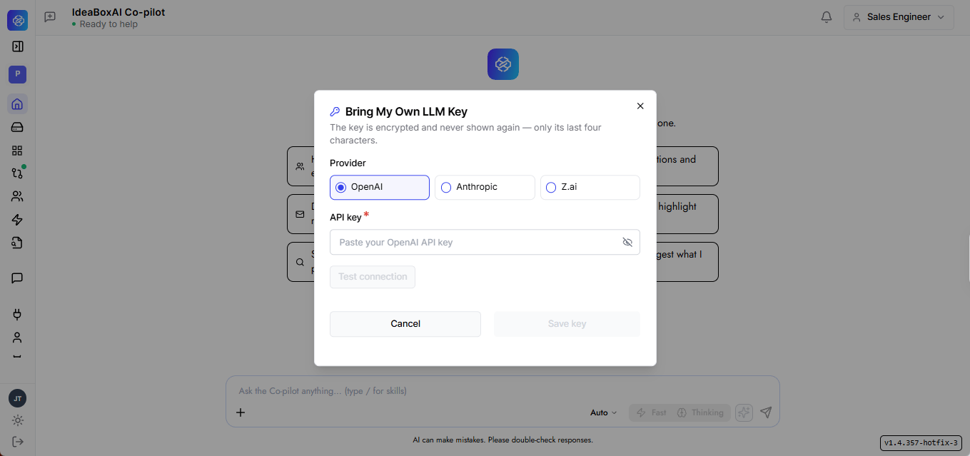 Model selector dropdown open above the chat input, showing Auto selected at the top, a list of Basic models below it, and a Bring My Own LLM Key option at the bottom. The Fast and Thinking toggles next to the dropdown are grayed out because Auto is selected.