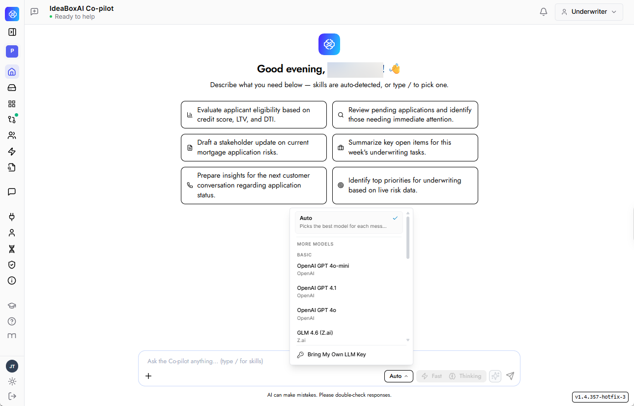 Model selector dropdown open above the chat input, showing Auto selected at the top with a description, followed by a list of individual models grouped by provider and a Bring My Own LLM Key option.