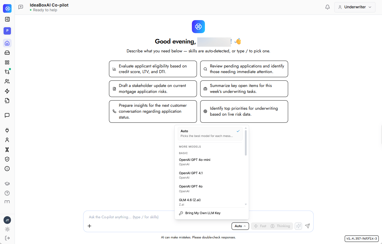 Model selector dropdown open above the chat input, showing Auto selected at the top with a description, followed by a list of individual models grouped by provider and a Bring My Own LLM Key option.