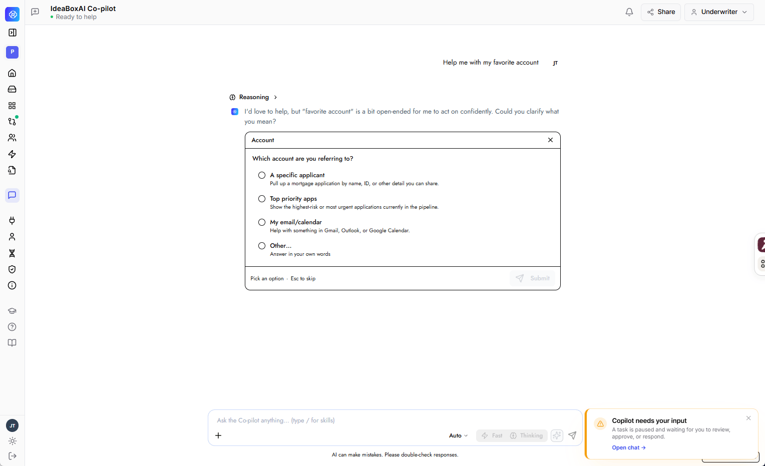 Question box overlay in the chat asking the user to clarify which account they mean, with four selectable options and an Other free-text fallback.