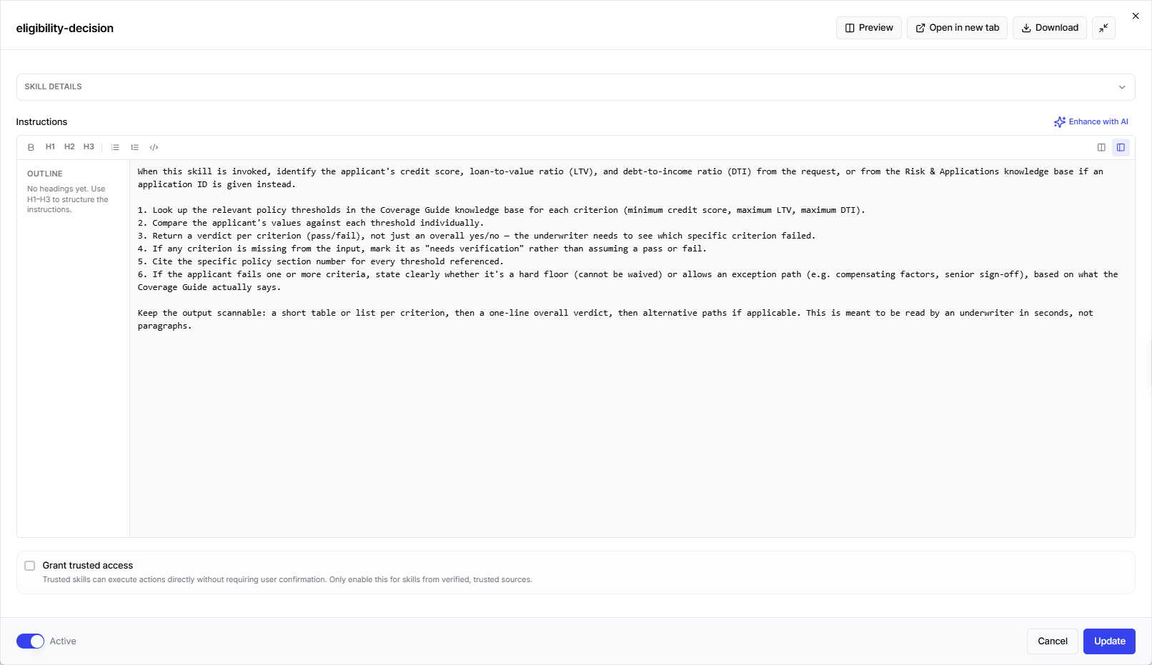 Skill editor in full-screen mode showing the Outline panel, formatting toolbar with headings, lists, and code block options, and a split-preview toggle.