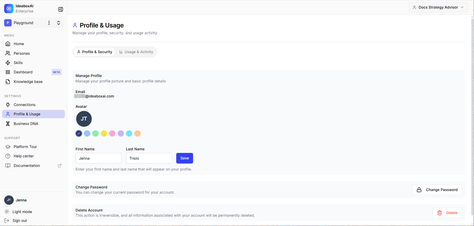 Profile settings panel showing avatar colour picker, display name field, persona pills, language dropdown, and last-active timestamp.