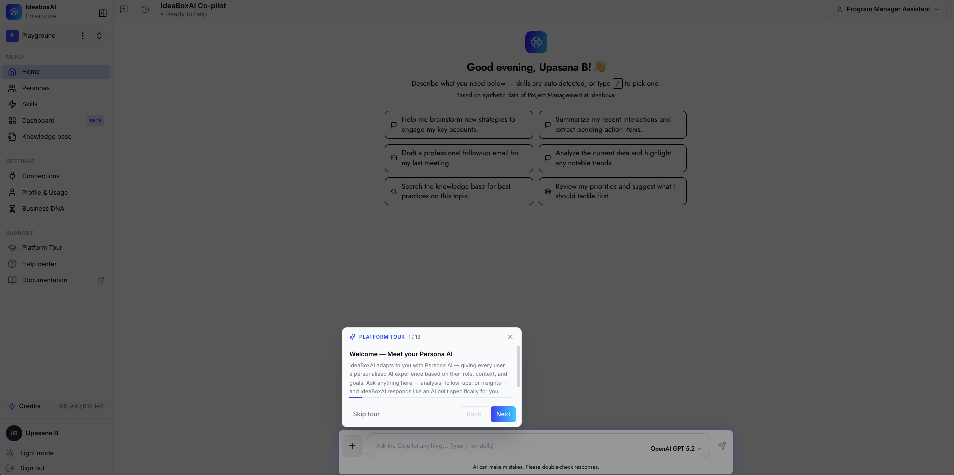 IdeaBoxAI workspace home screen showing the welcome tutorial popup and the co-pilot chat interface.
