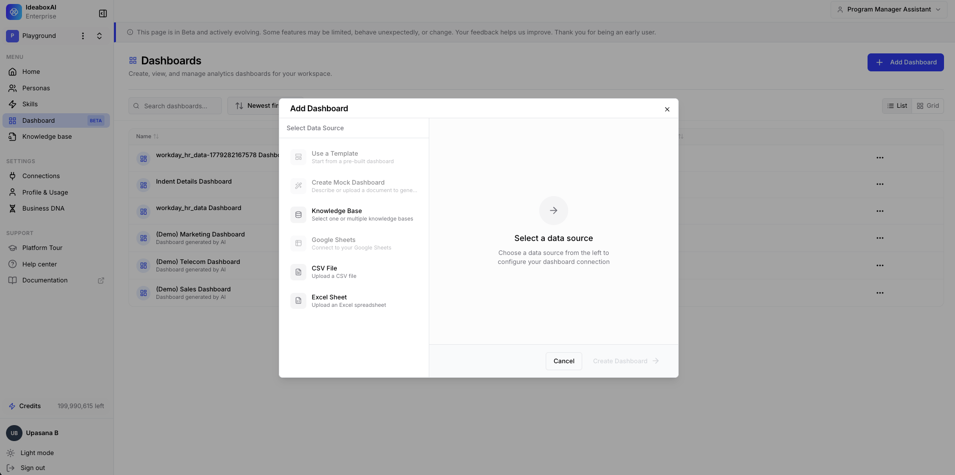 Connect data source selection modal showing Mock Dashboard, Google Sheets, CSV/Excel, and Knowledge Base options.