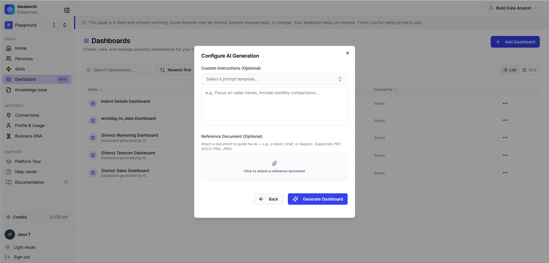 Custom instructions text area for guiding AI dashboard generation.