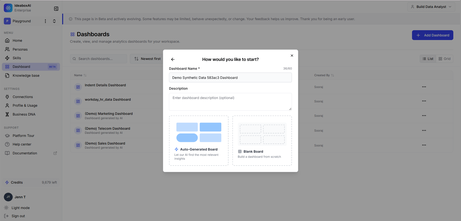Dashboard configuration screen showing name, description, and starting option fields.
