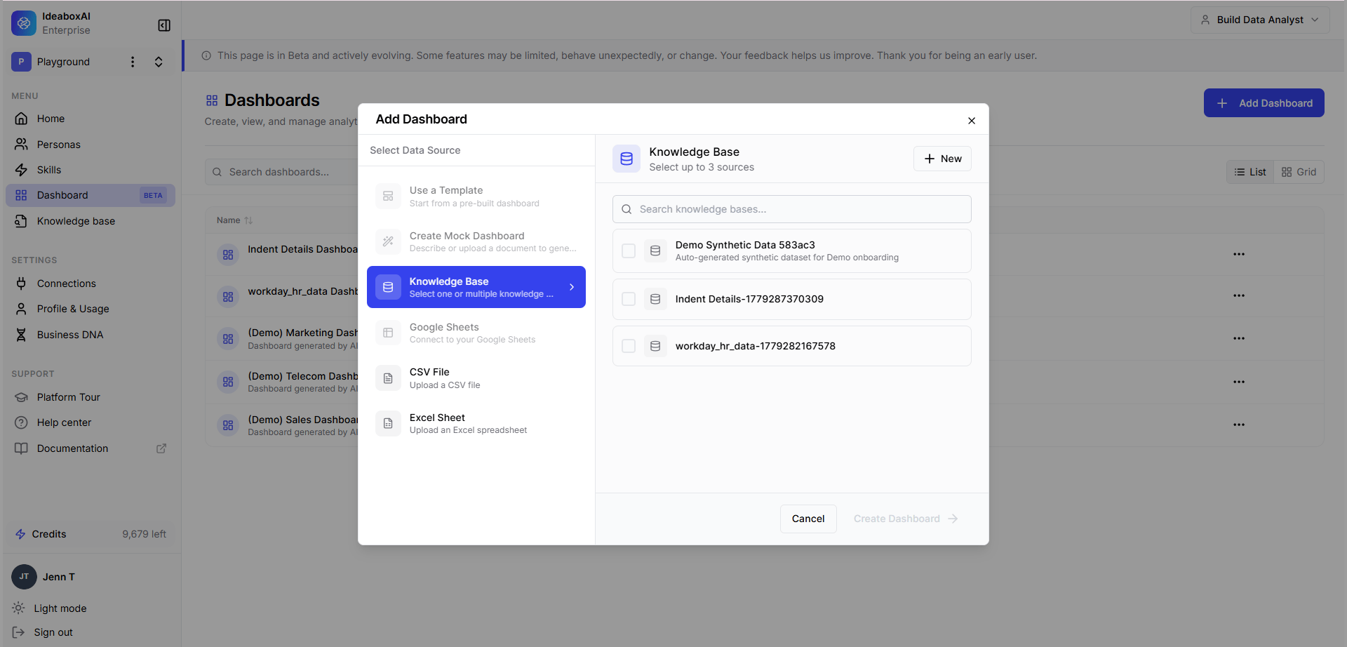 Available knowledge bases listed for dashboard connection.