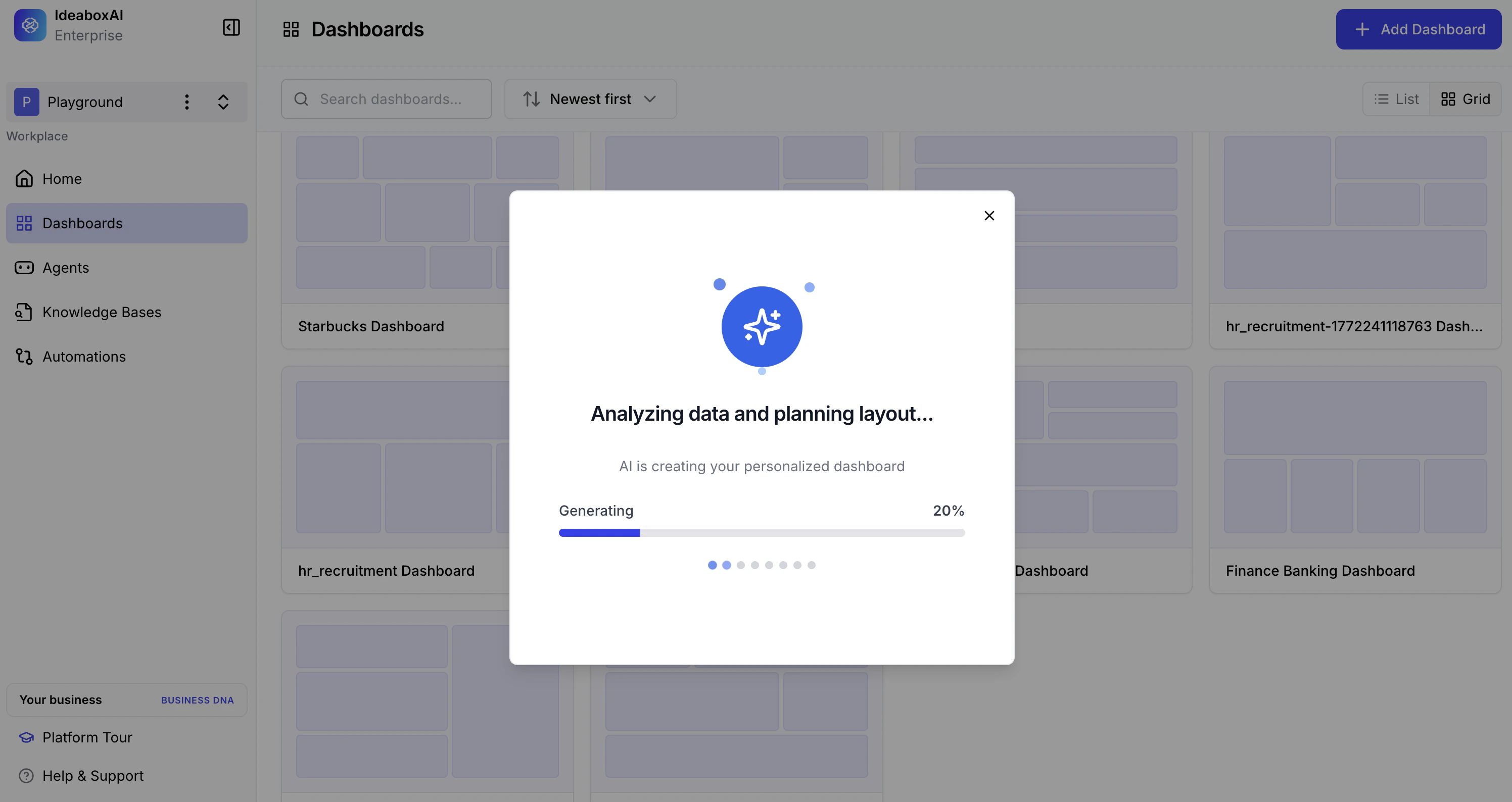 Dashboard generation progress screen showing live status updates.