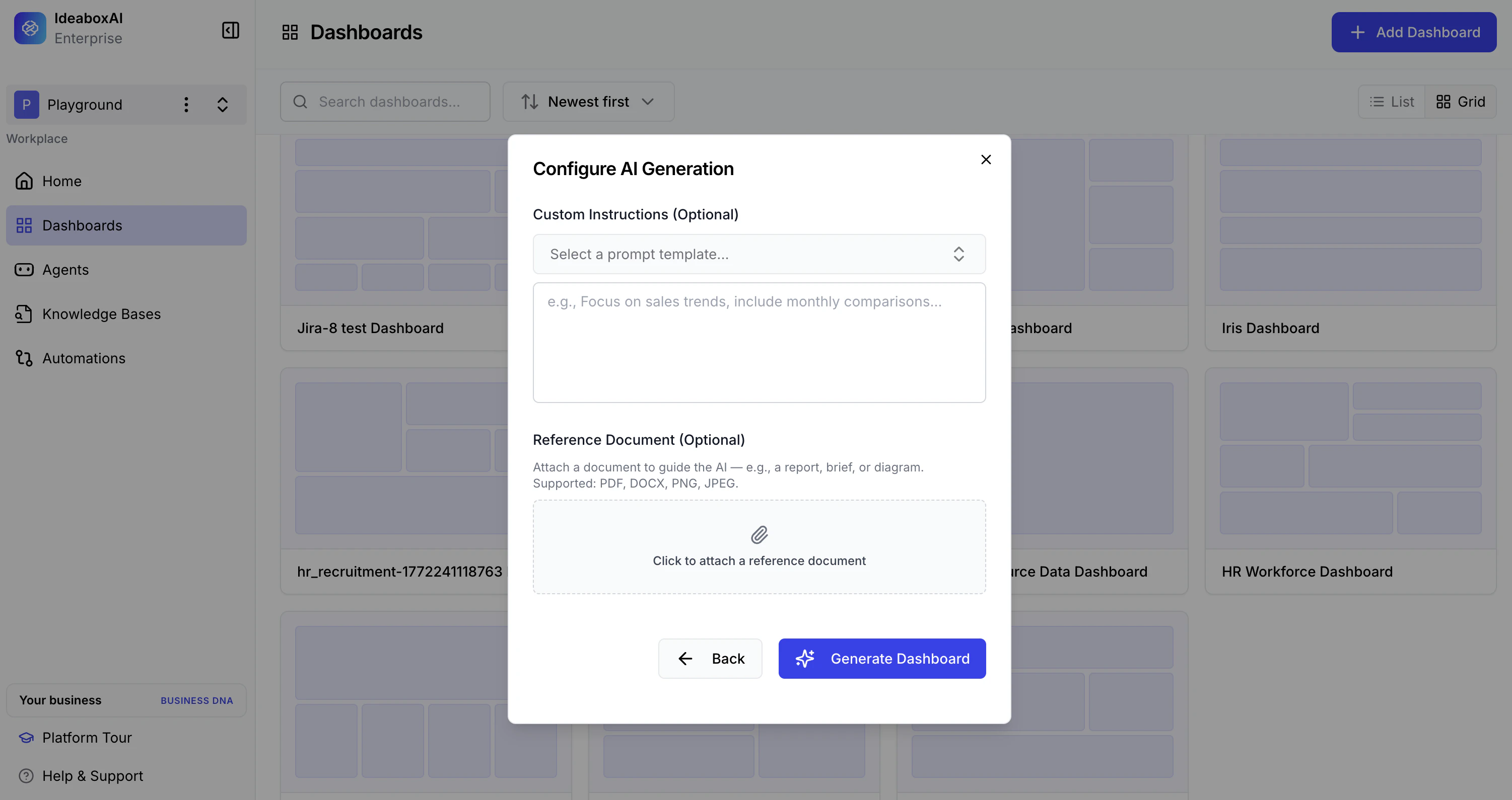 Custom instructions text area for guiding AI dashboard generation.