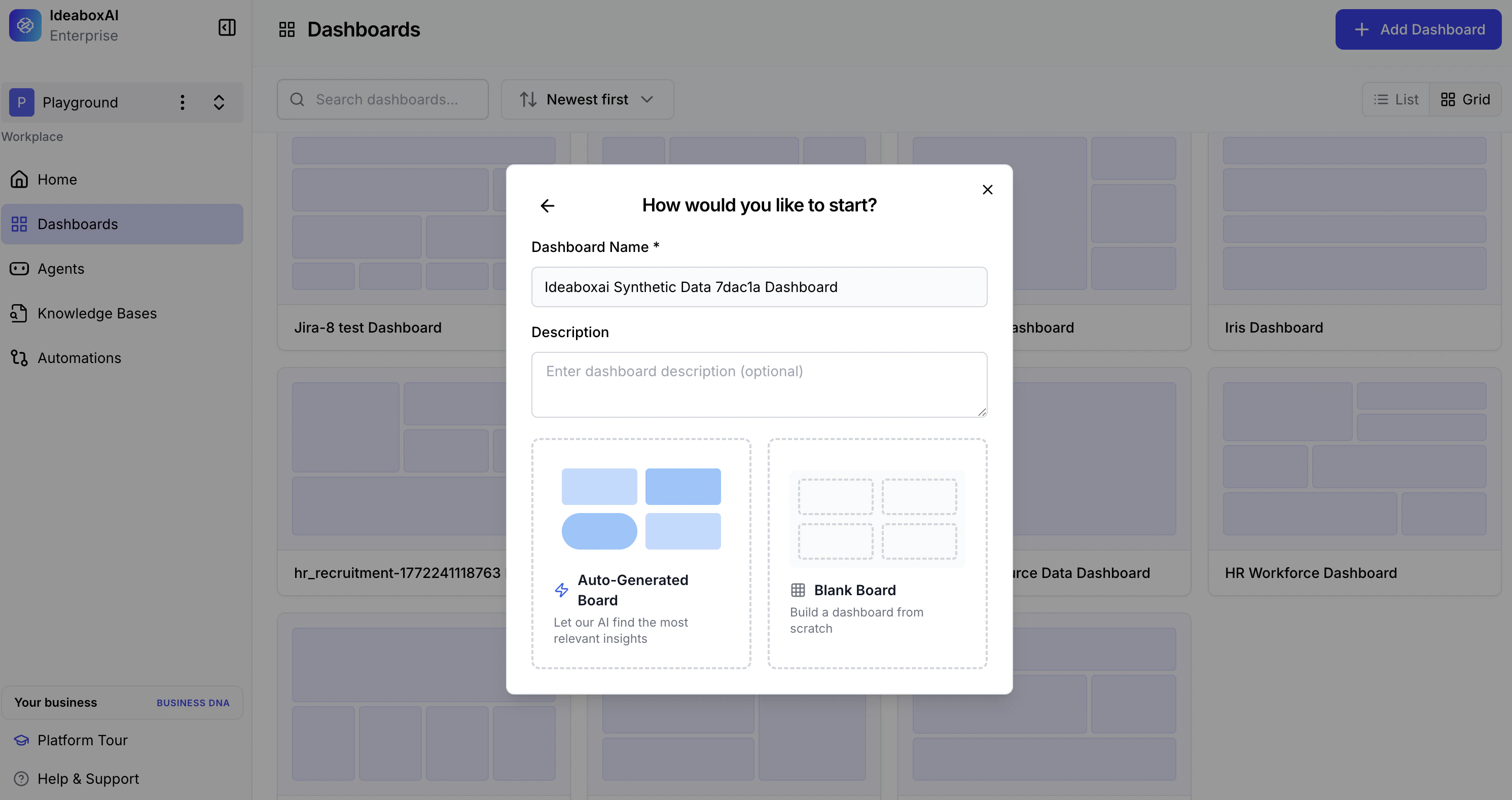 Dashboard configuration screen showing name, description, and starting option fields.