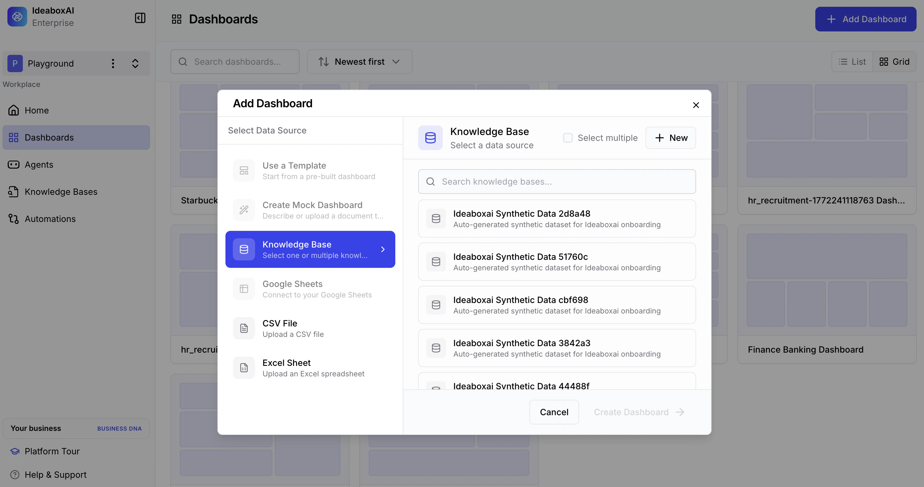 Available knowledge bases listed for dashboard connection.