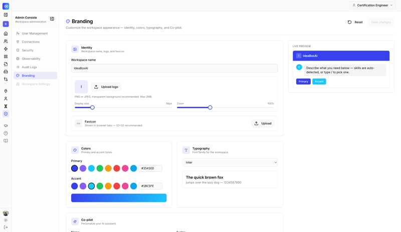Admin Console Branding page showing workspace name, logo upload, colour palettes, typography, and a live preview panel.