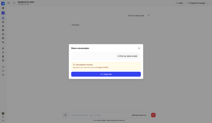 Share conversation dialog showing a generated link with its expiry time and a Copy link button.