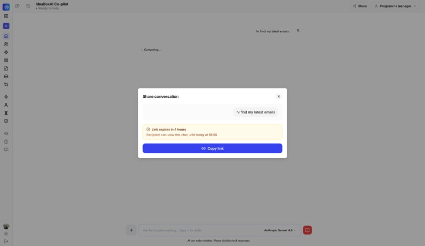 Share conversation dialog showing a generated link with its expiry time and a Copy link button.