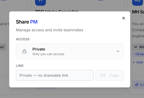 Share persona dialog with the Private access level selected and a disabled Copy link field.