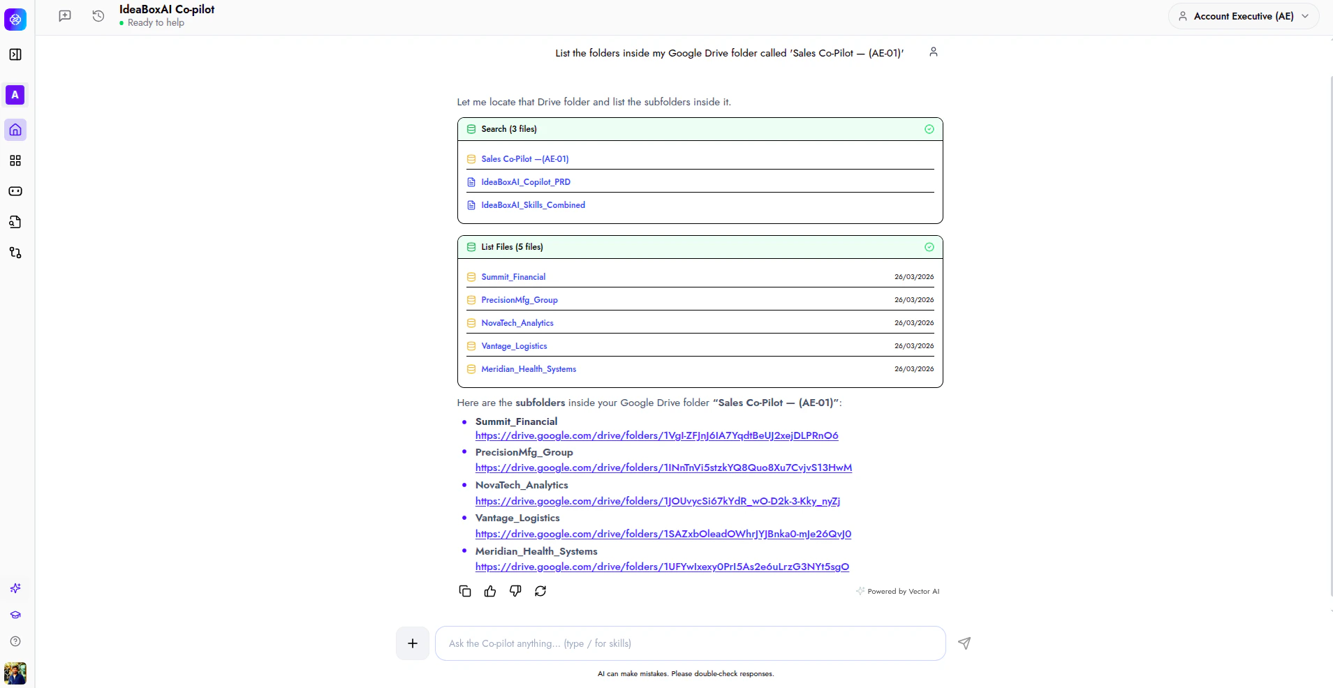 Co-pilot listing all account subfolders inside the Sales Co-Pilot folder with direct links.