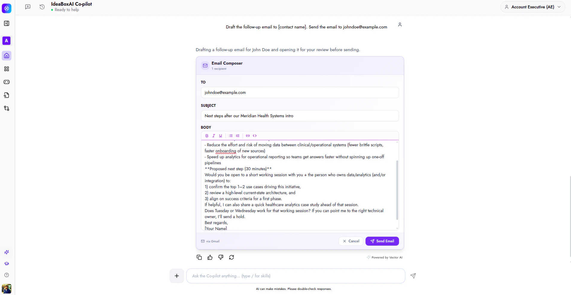 Email Composer showing a draft follow-up email ready for review before sending.
