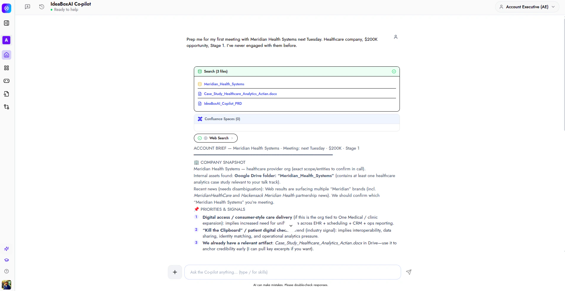 Co-pilot pulling case studies from Google Drive and running a web search to build a meeting brief.