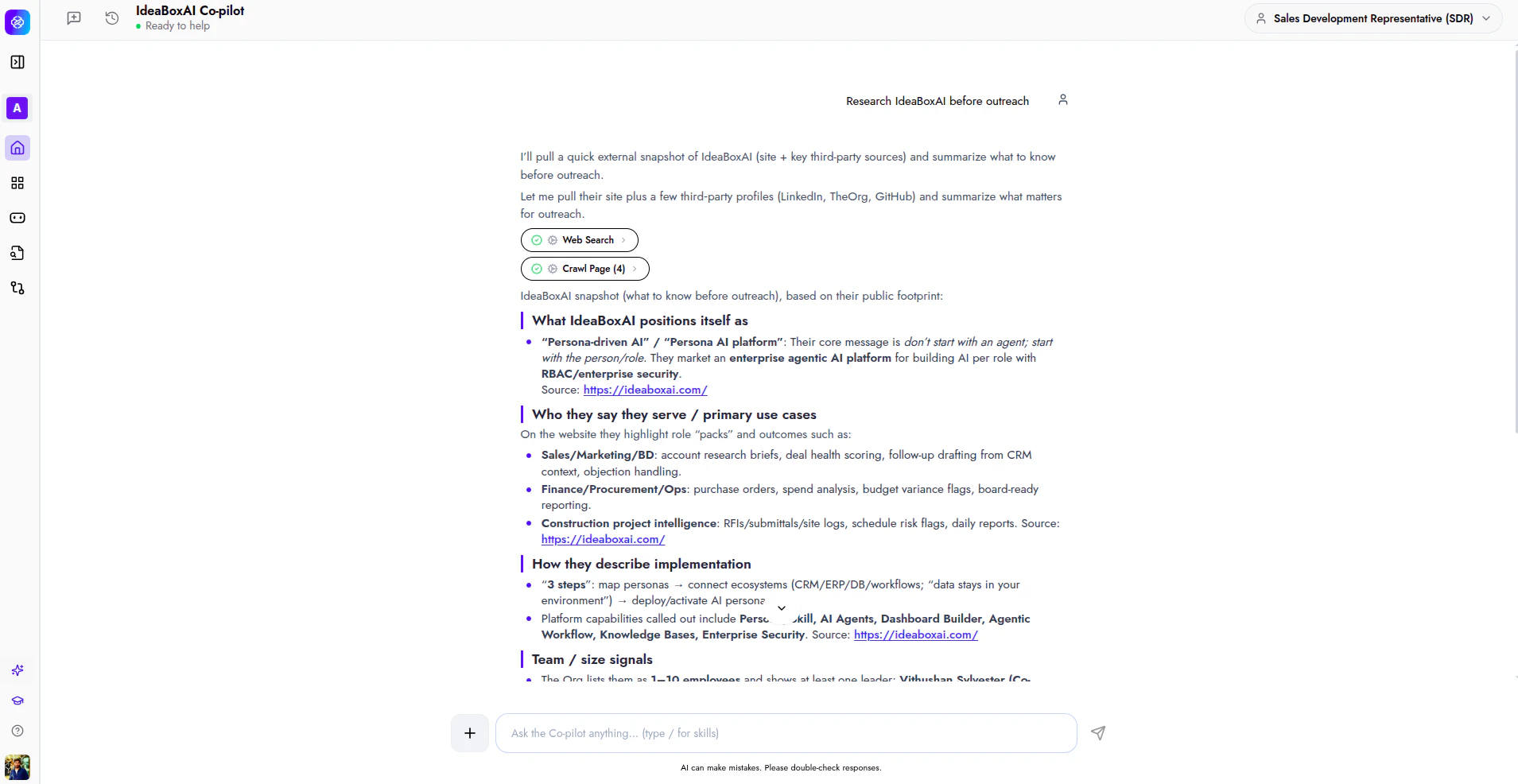 Co-pilot researching a prospect and returning a structured snapshot with positioning, use cases, and team signals.
