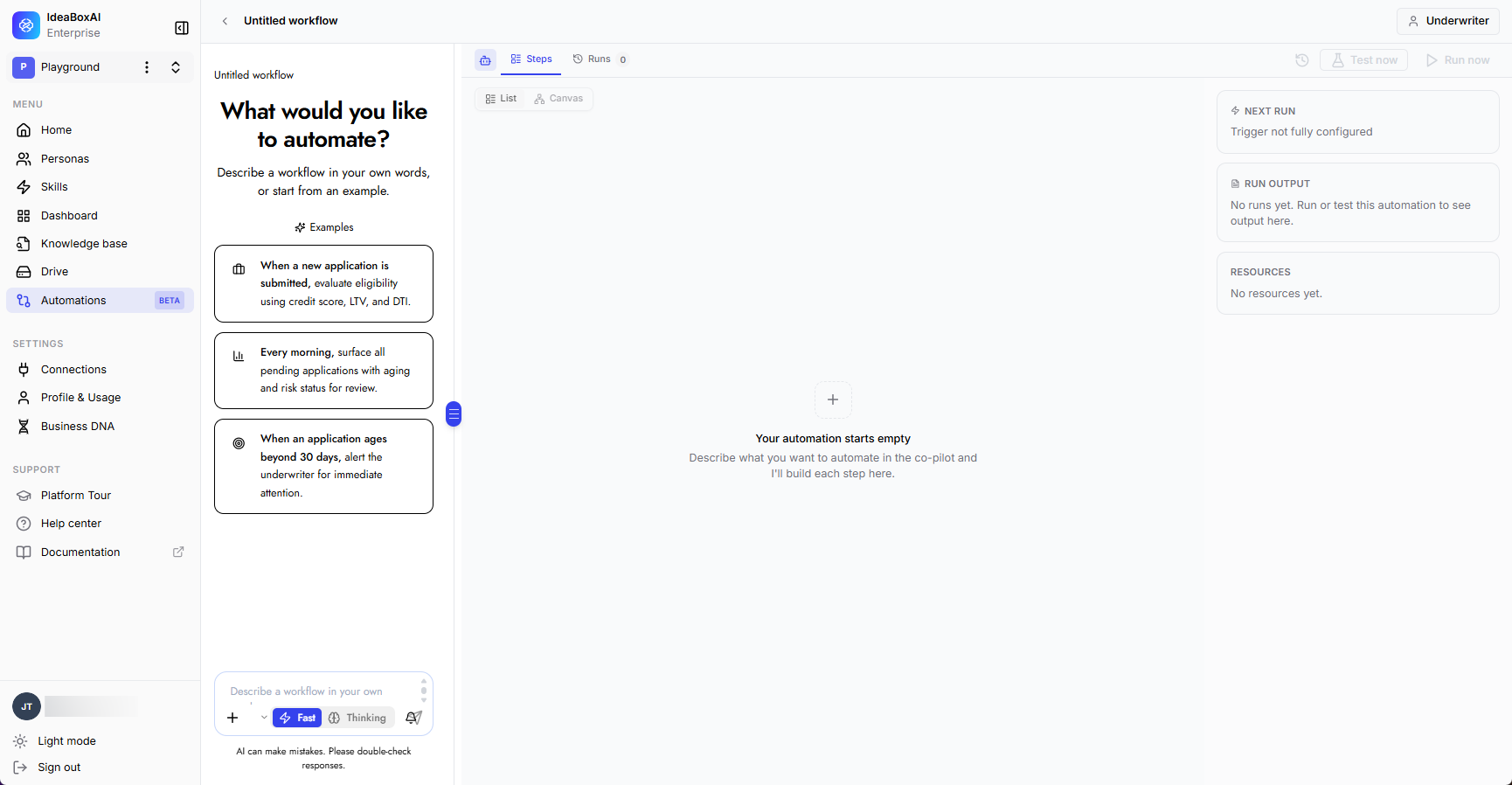 Blank automation canvas with example prompts.