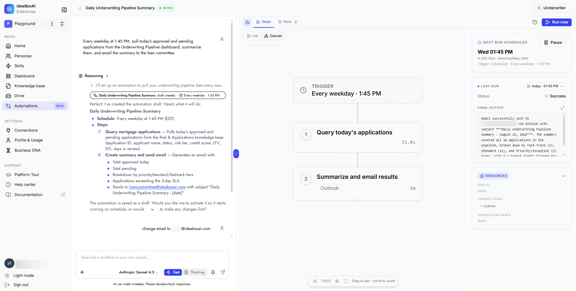 Automation Overview dashboard showing totals, recent outputs, and needs-attention panel