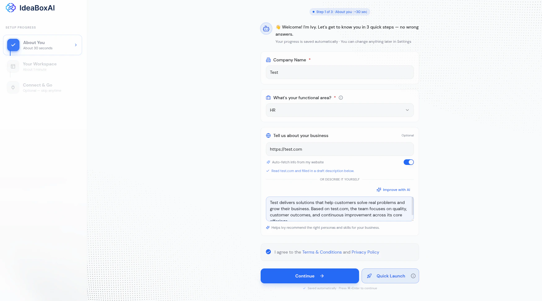 About You step with AI-generated business summary populated from the company website.