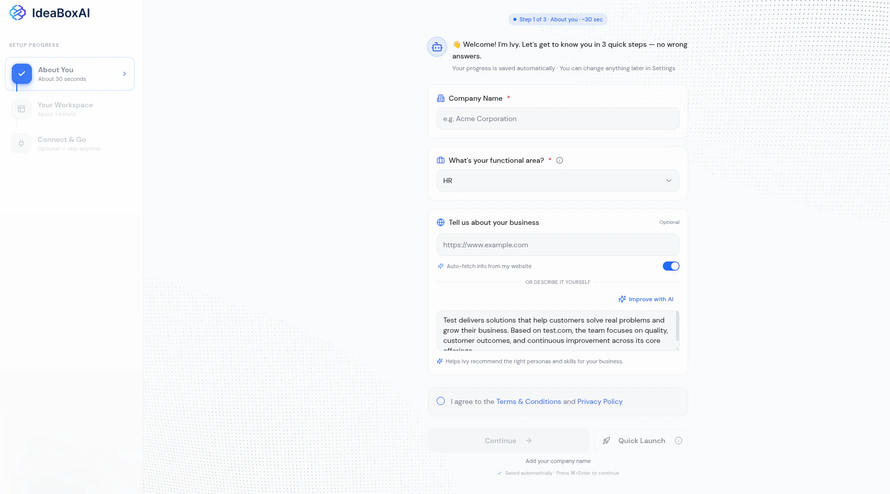 About You onboarding step showing Company Name, functional area, website URL, and AI-generated business summary fields.