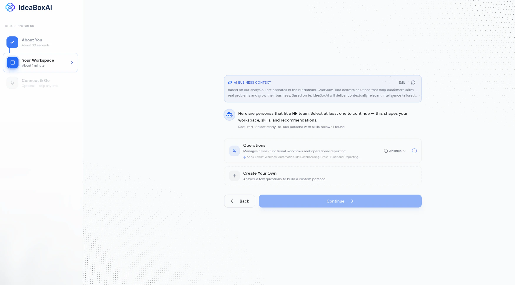 Your Workspace step showing AI Business Context card and recommended personas for the selected functional area.