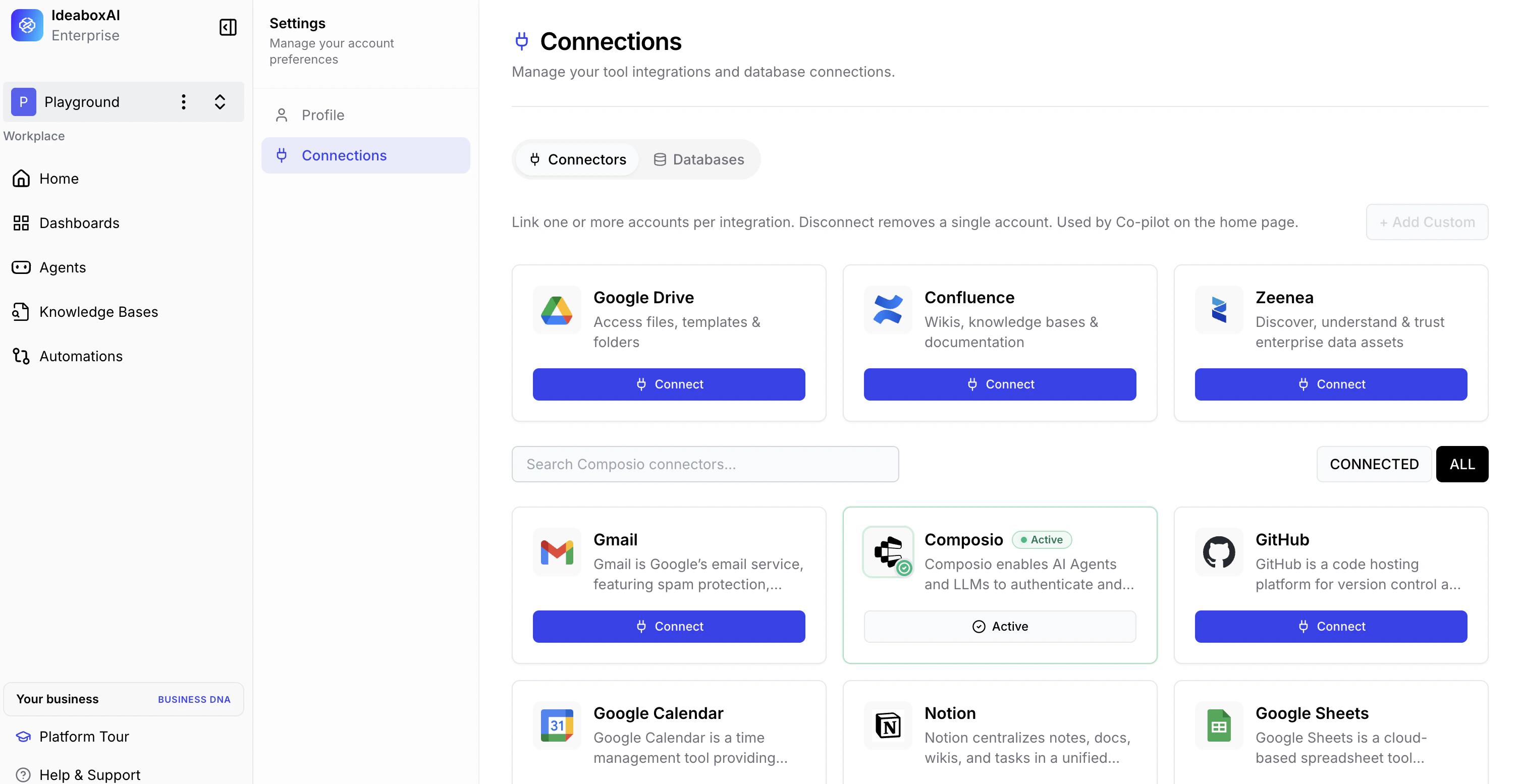 Connectors page showing all available connector cards