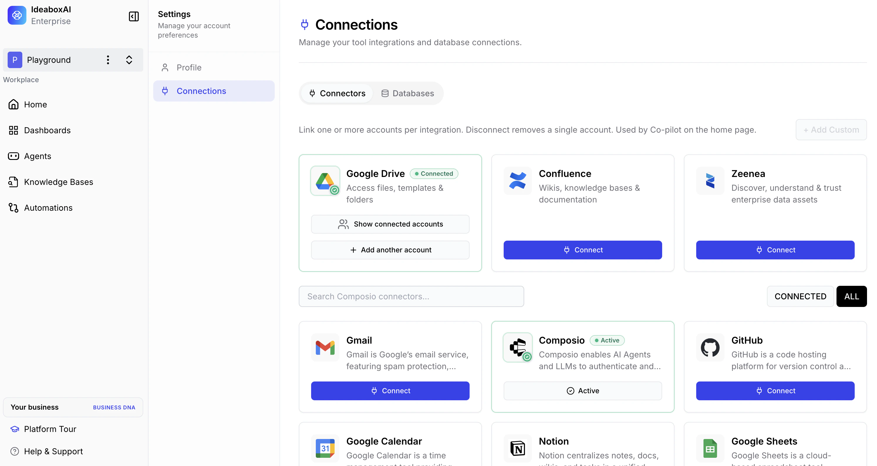 Google Drive connector card showing Connected status