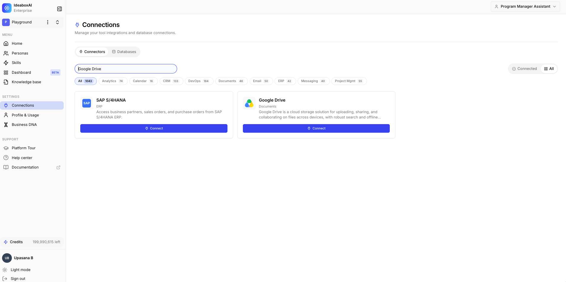 Connectors page showing all available connector cards