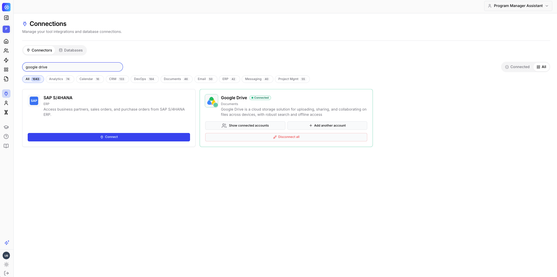Google Drive connector card showing Connected status