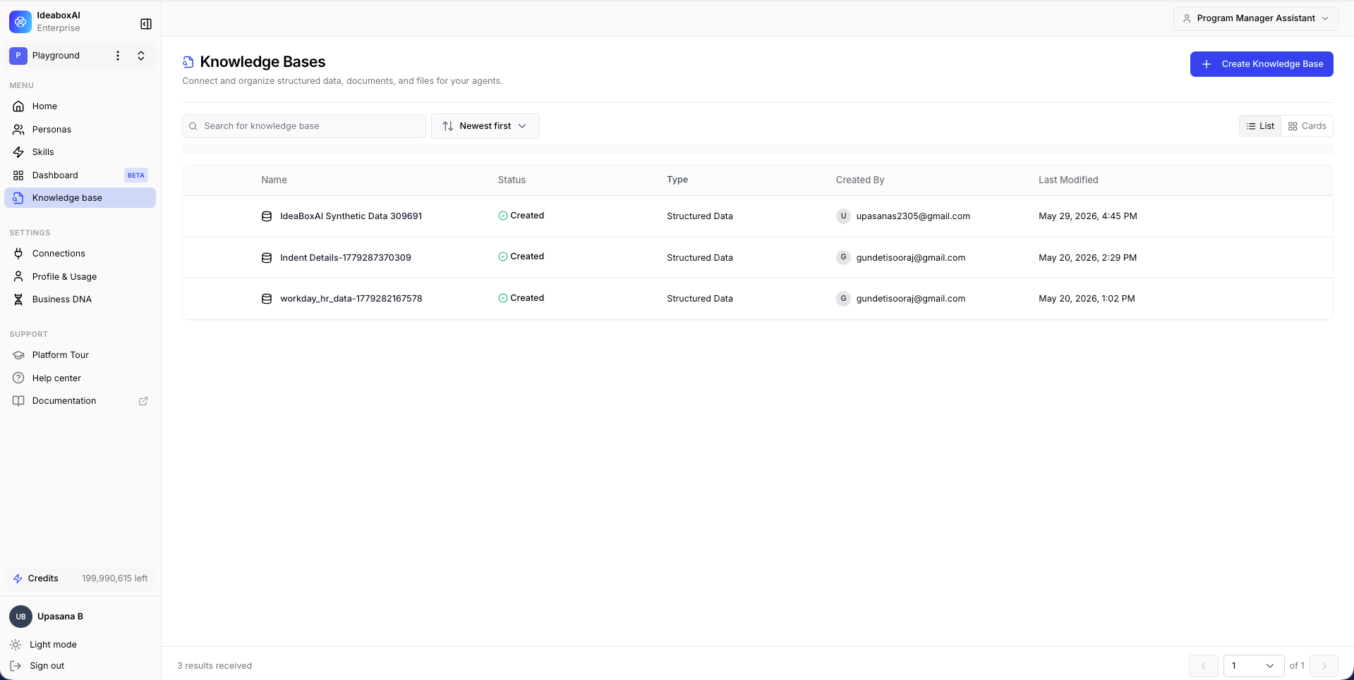 Knowledge Bases dashboard showing a searchable table of knowledge bases with Name, Status, Type, Created By, and Last Modified columns.