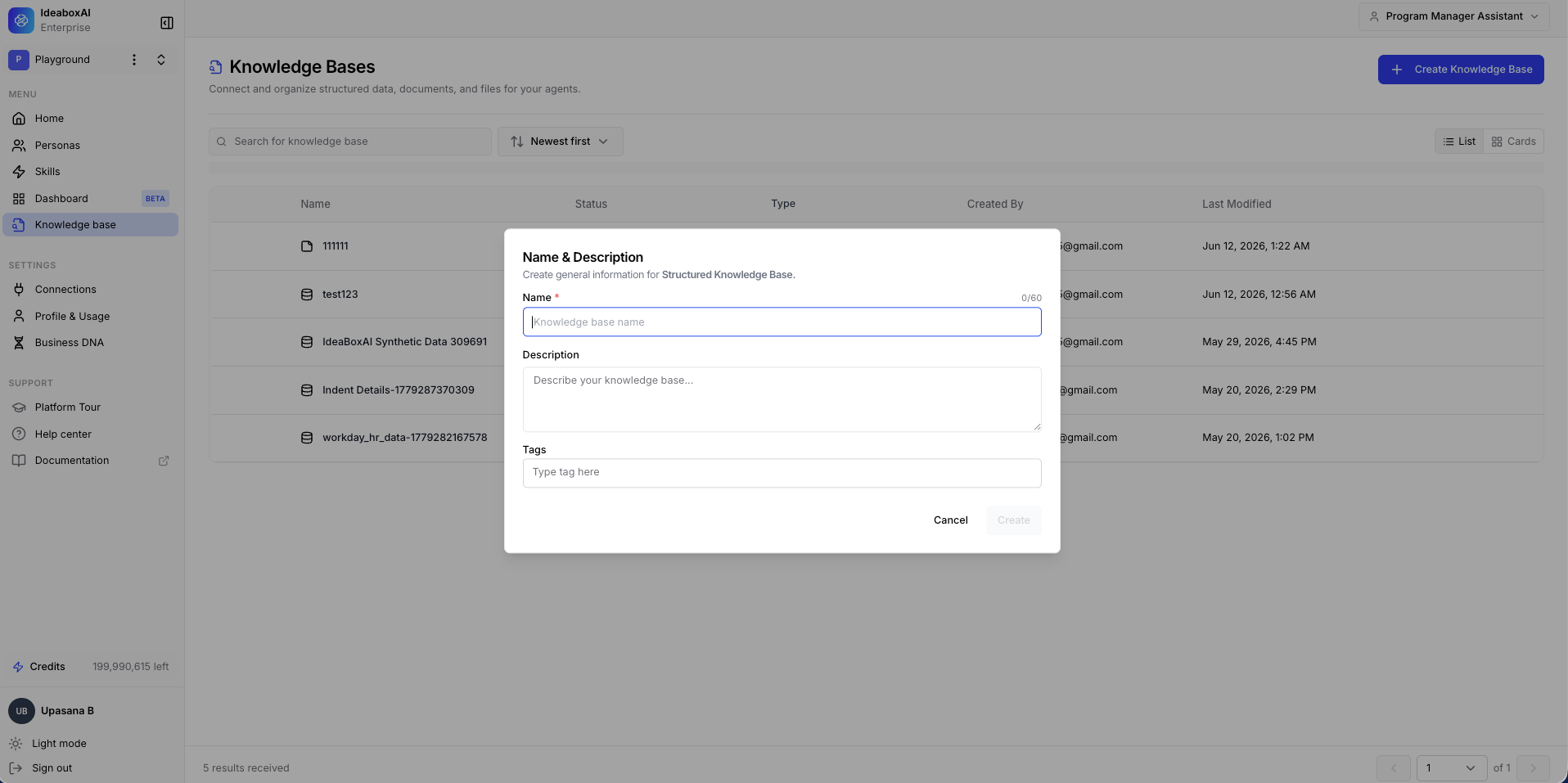 Name and Description modal for creating a Structured Knowledge Base with fields for Name, Description, and Tags.