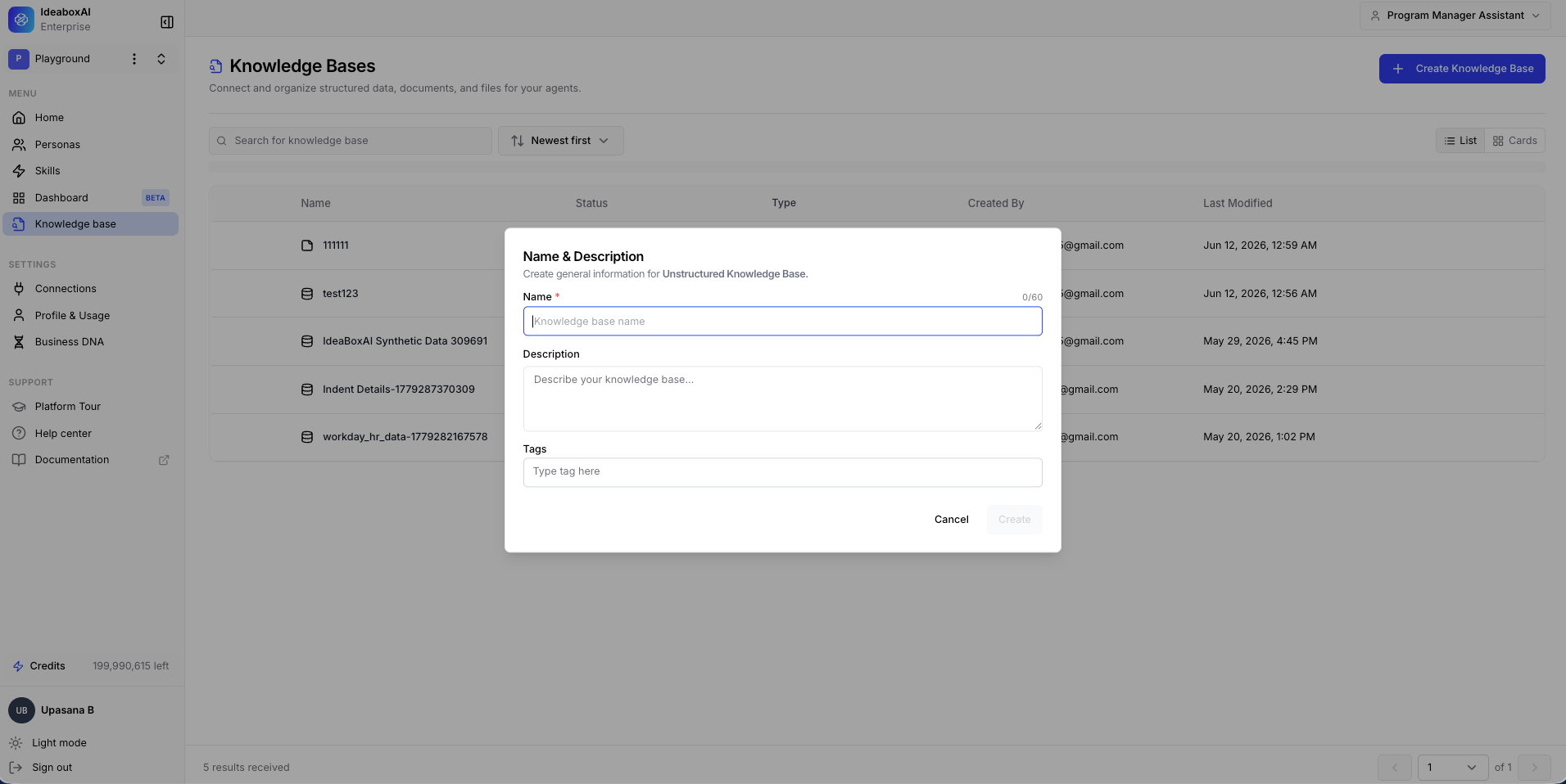 Name and Description modal for creating an Unstructured Knowledge Base with fields for Name, Description, and Tags.