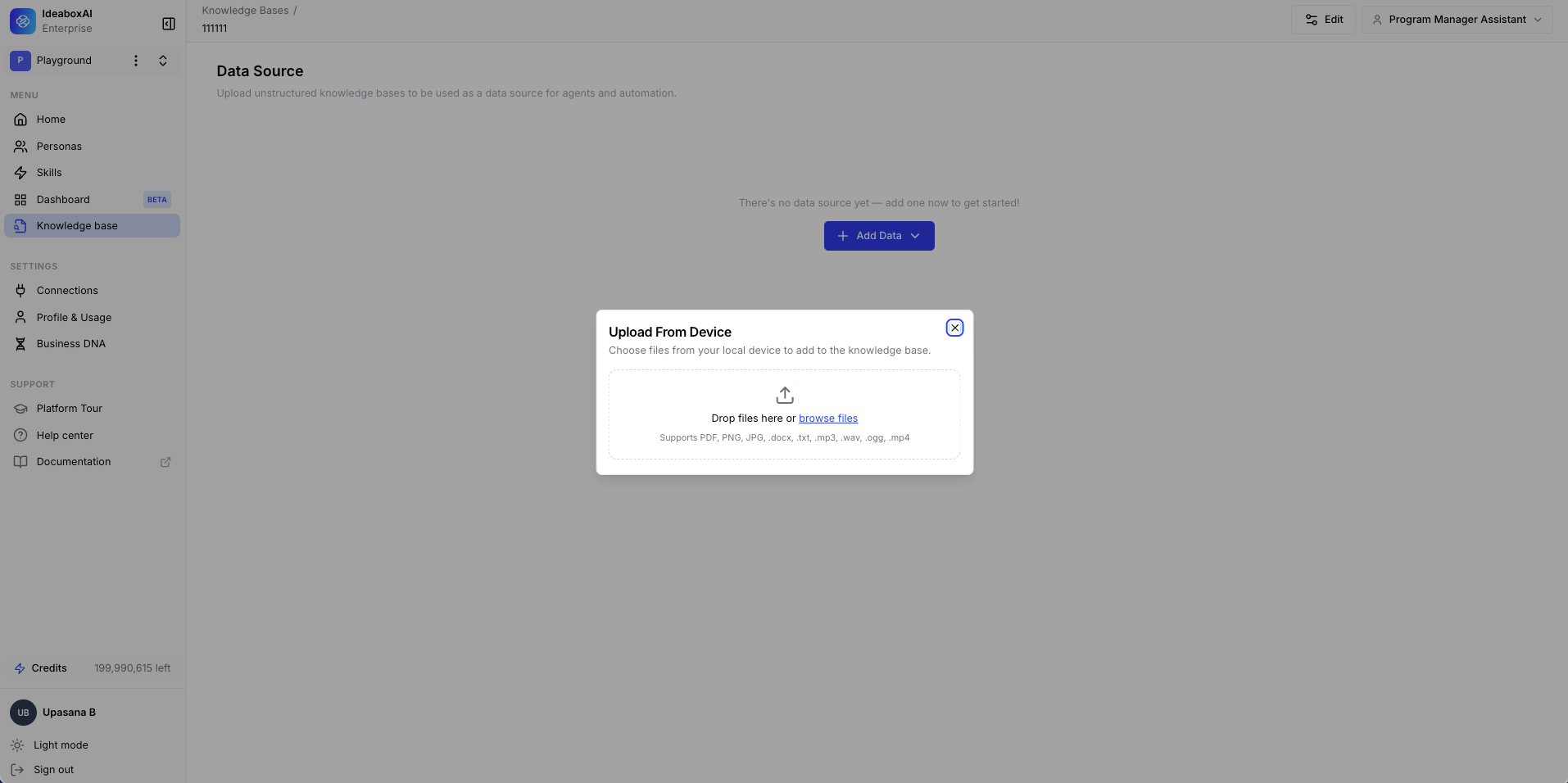 Upload From Device modal with a drag-and-drop area showing supported file formats: PDF, PNG, JPG, DOCX, TXT, MP3, WAV, OGG, and MP4.