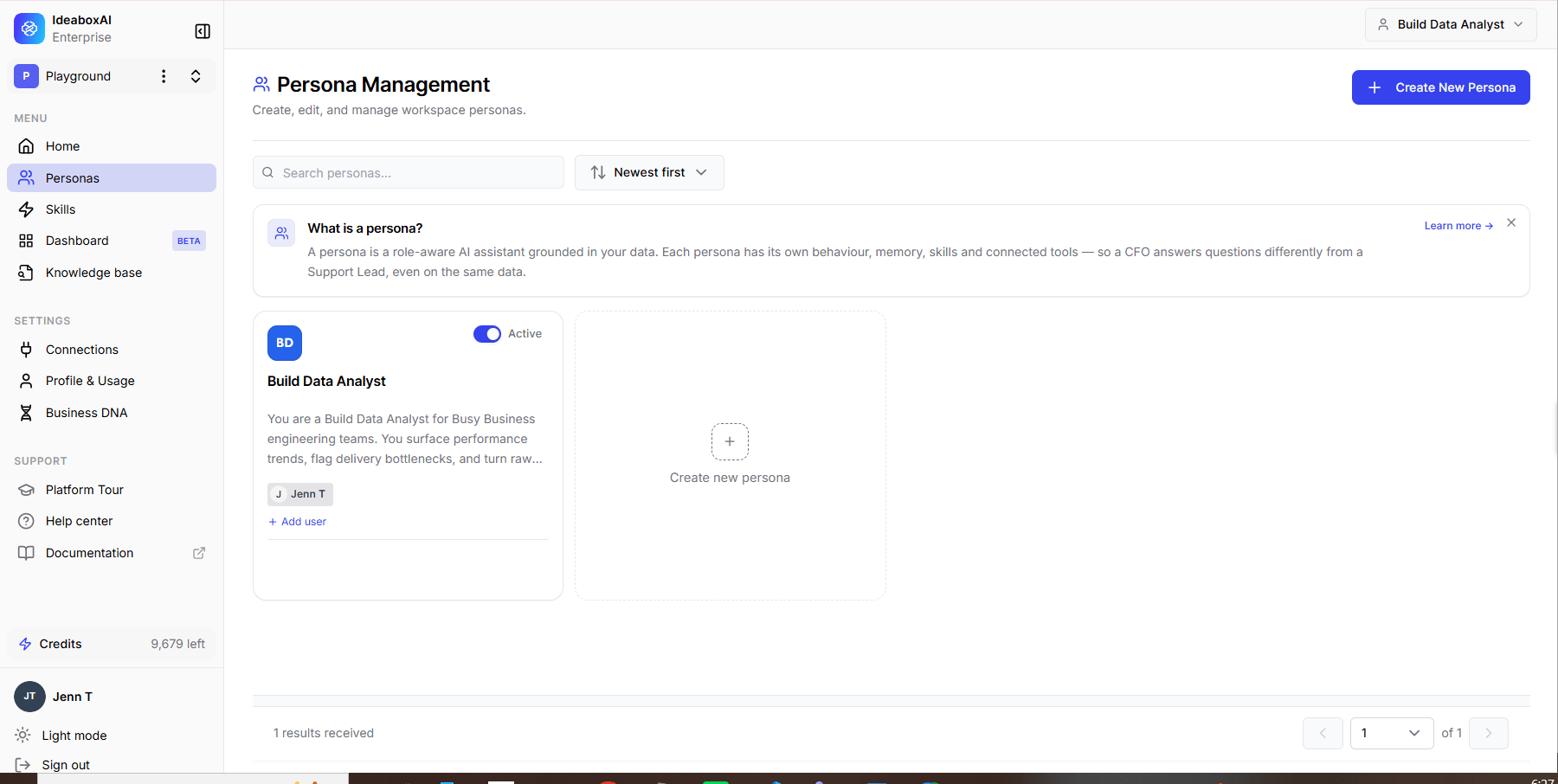 Persona Management page showing a persona card with assigned user chips and the + Add user action used to assign existing platform users.