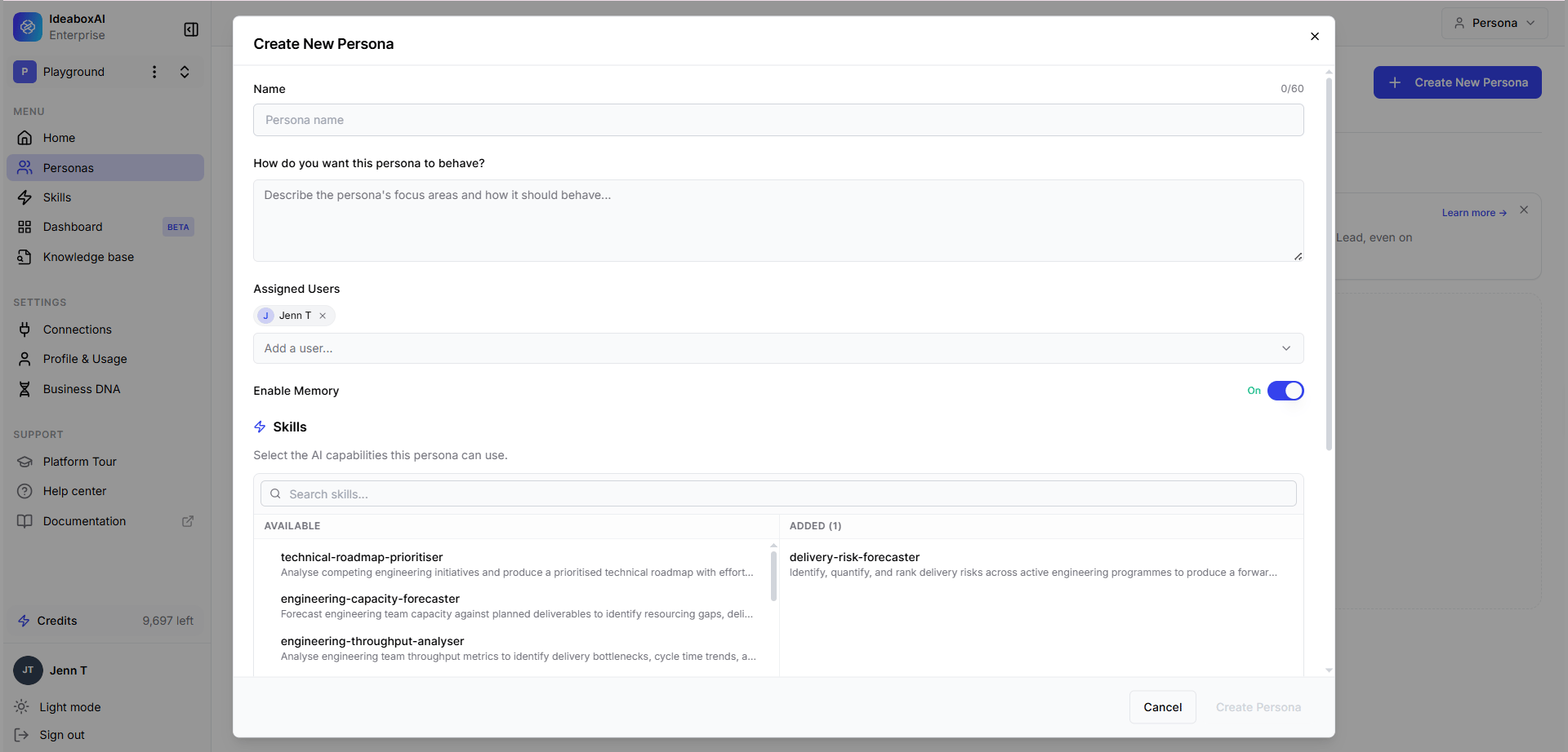 Create New Persona modal showing fields for Name, behaviour description, Assigned Users, Enable Memory toggle, and Features.